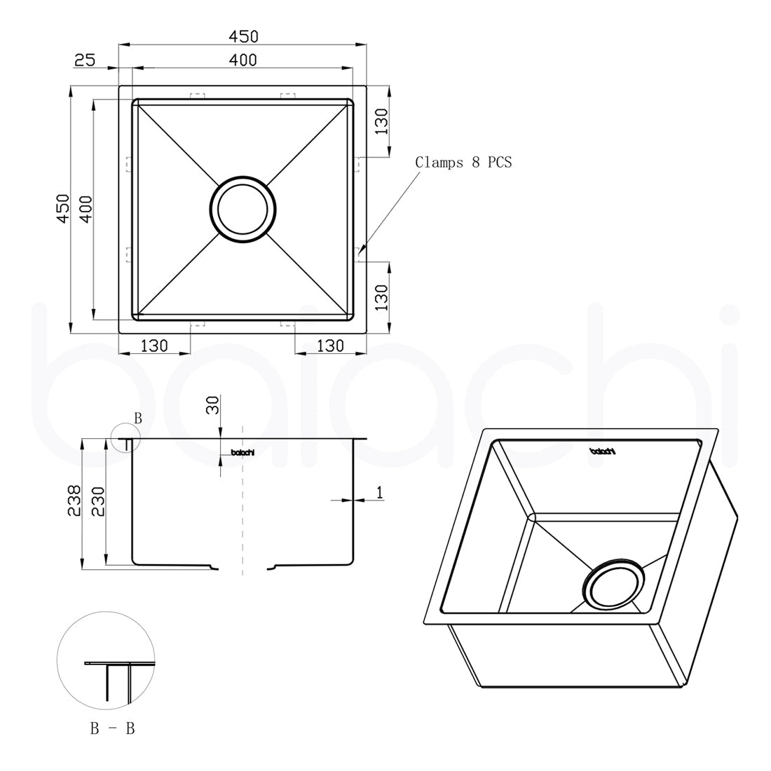Baiachi 450x450 Handmade Kitchen and Laundry Stainless Steel Sink Single Bowl Top Undermount Antique Brass