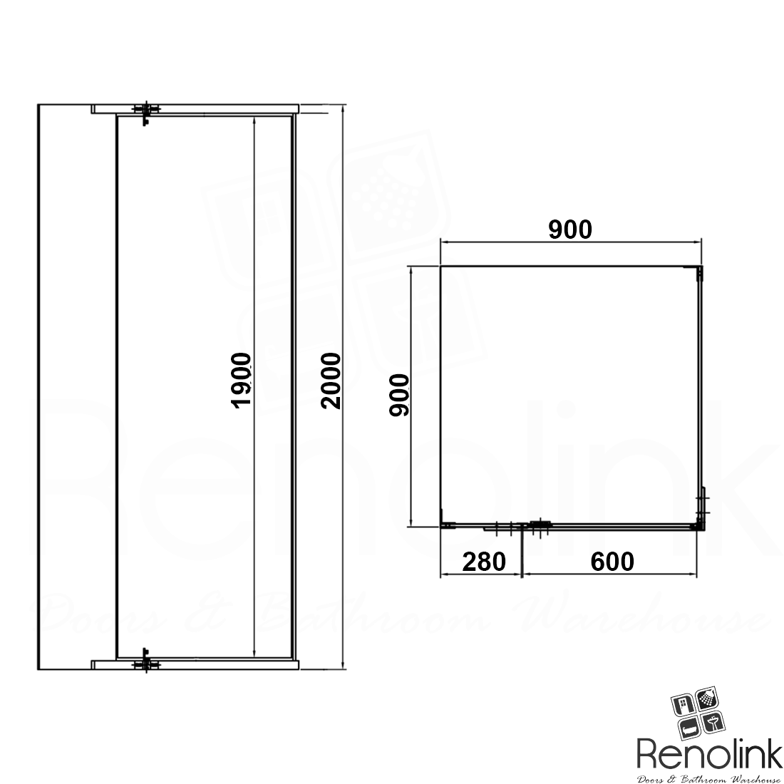 Frameless Shower Screen 900x900mm Square Gun Metal