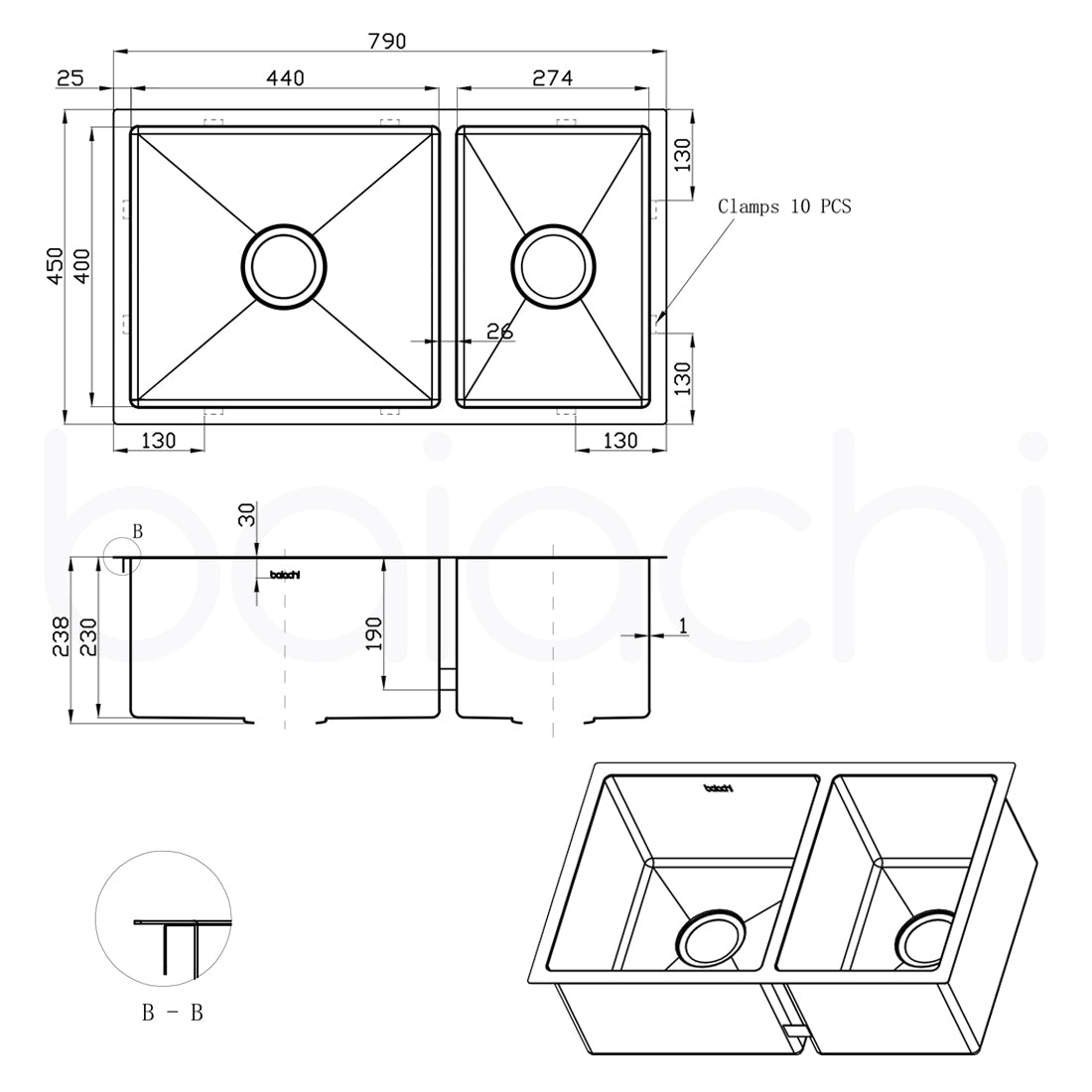 Baiachi 790x450 Handmade Kitchen and Laundry Stainless Steel Sink Double Bowl Top Undermount