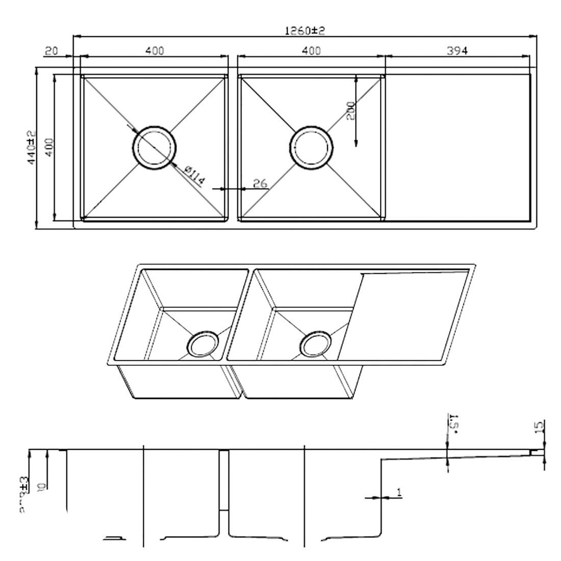 Baiachi 1260X440 Handmade Kitchen Sink Gun Metal