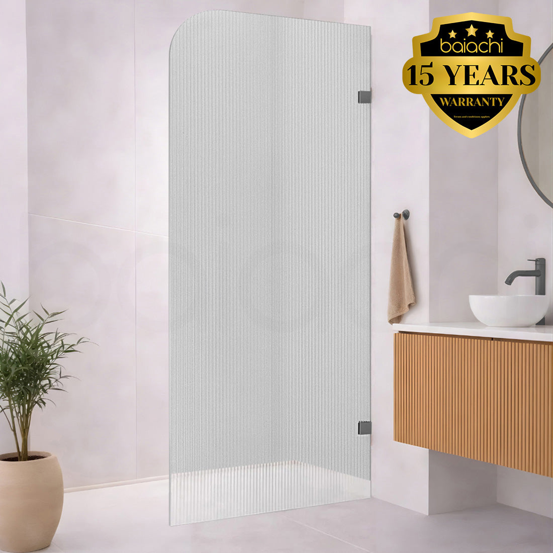 Baiachi 1000mm Curved Fluted Glass Fixed Panel Shower Screen Gun Metal Left