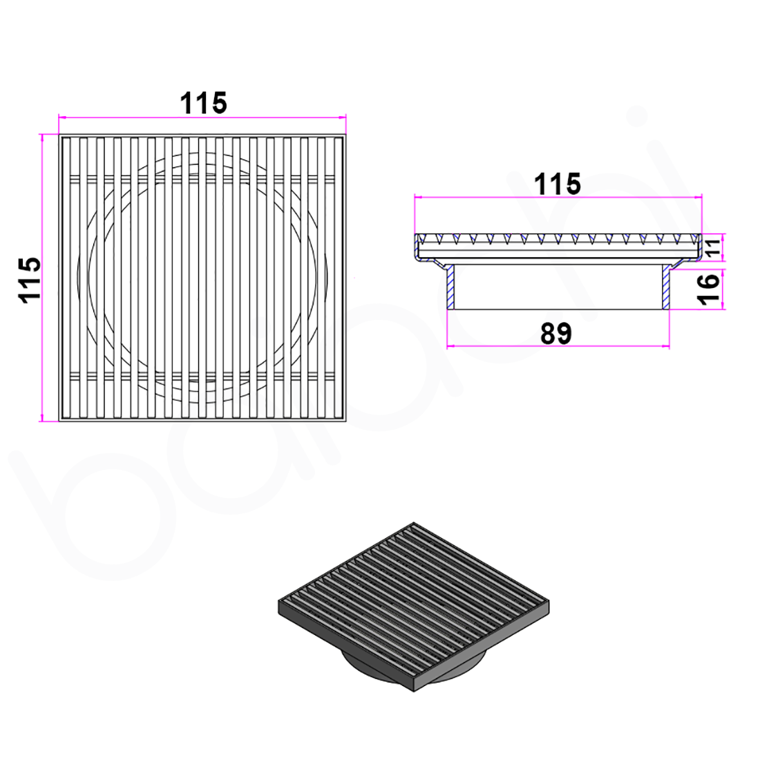 Baiachi 115mm Square Heelguard Floor Waste Brushed Copper
