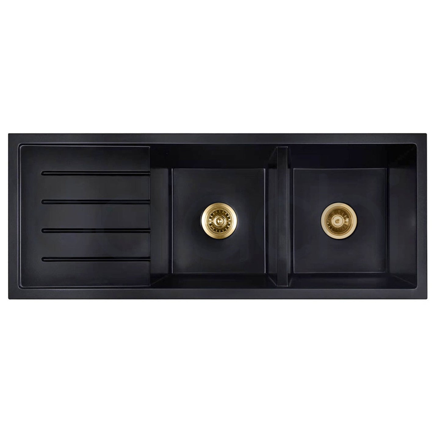 Baiachi Double Bowl and Drainer Granite Kitchen Sink Black with Brushed Gold Waste