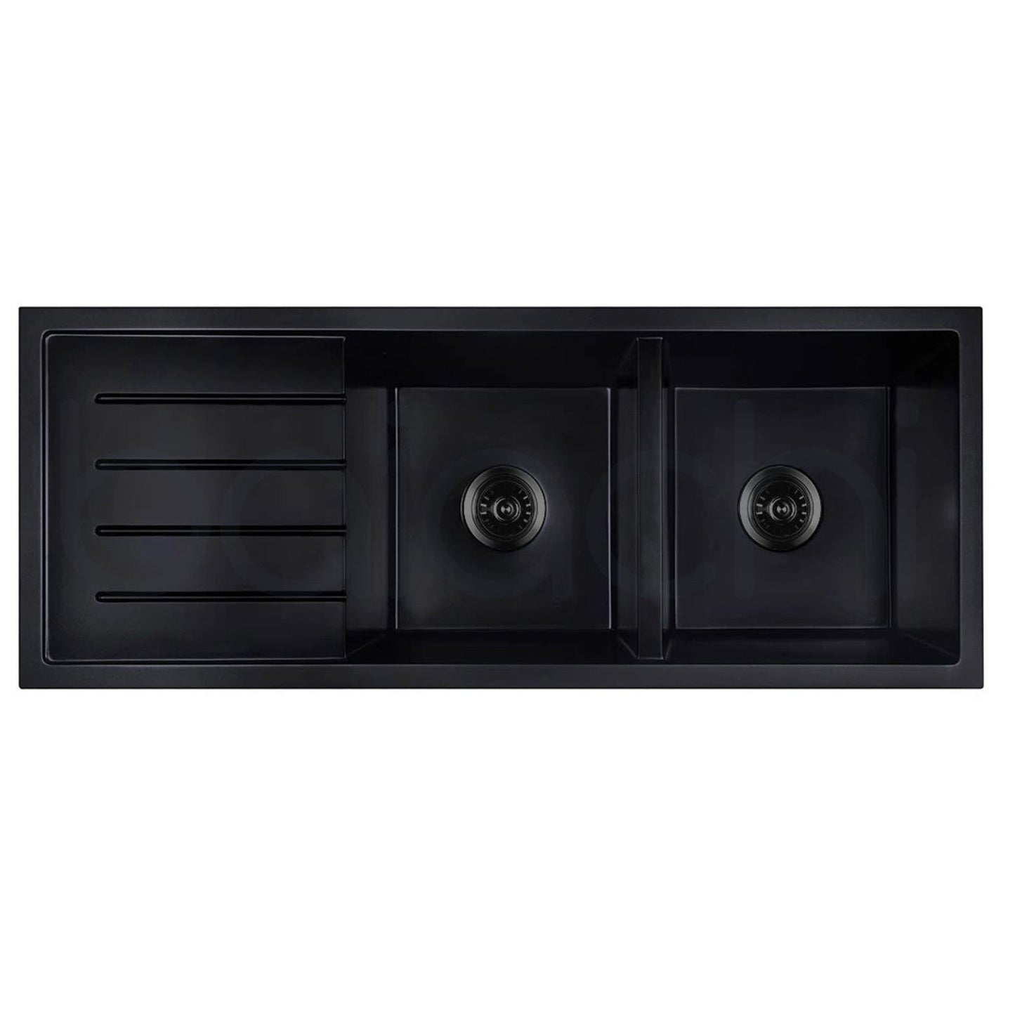 Baiachi 1160 x 450 Double Bowl and Drainer Granite Kitchen Sink Black with Black Waste