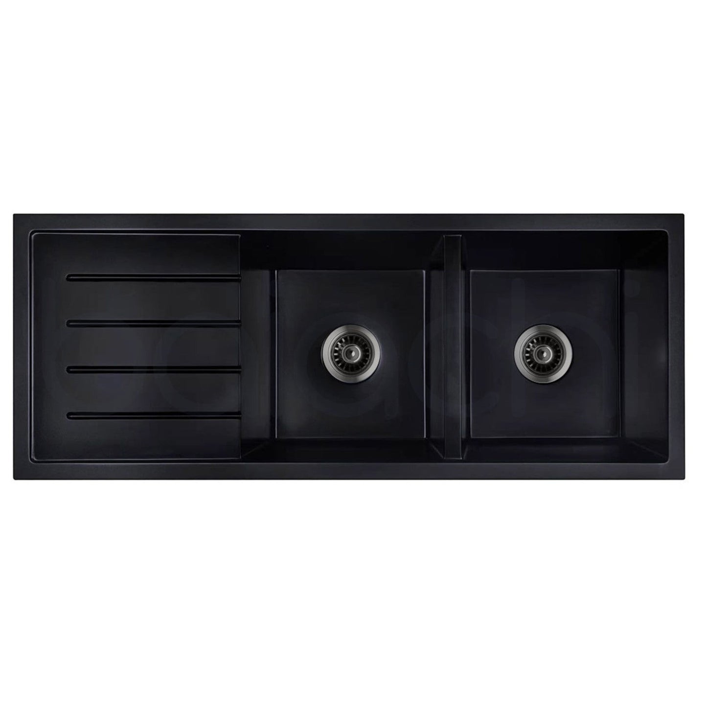 Baiachi 1160 x 450 Double Bowl and Drainer Granite Kitchen Sink Black with Gun metal Waste