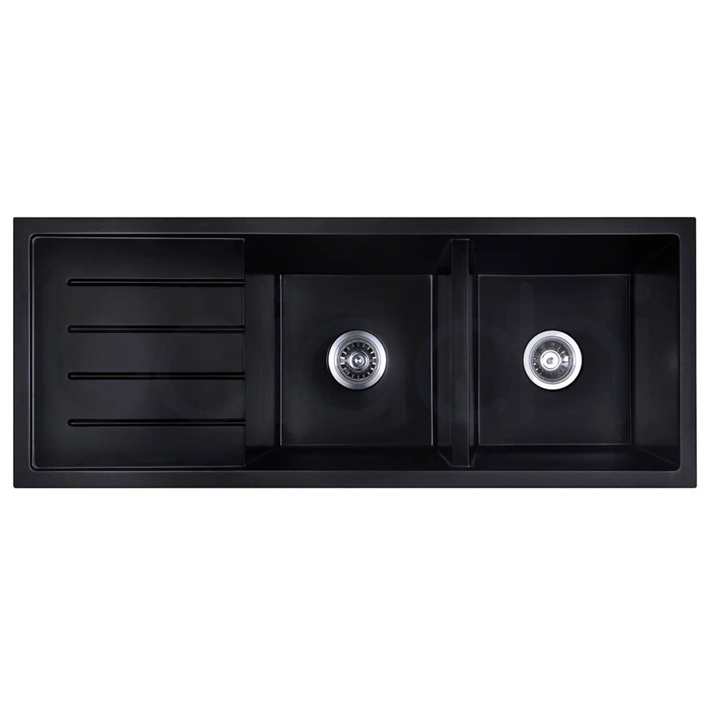 Baiachi 1160 x 450 Double Bowl and Drainer Granite Kitchen Sink Black with Stainless Steel Waste
