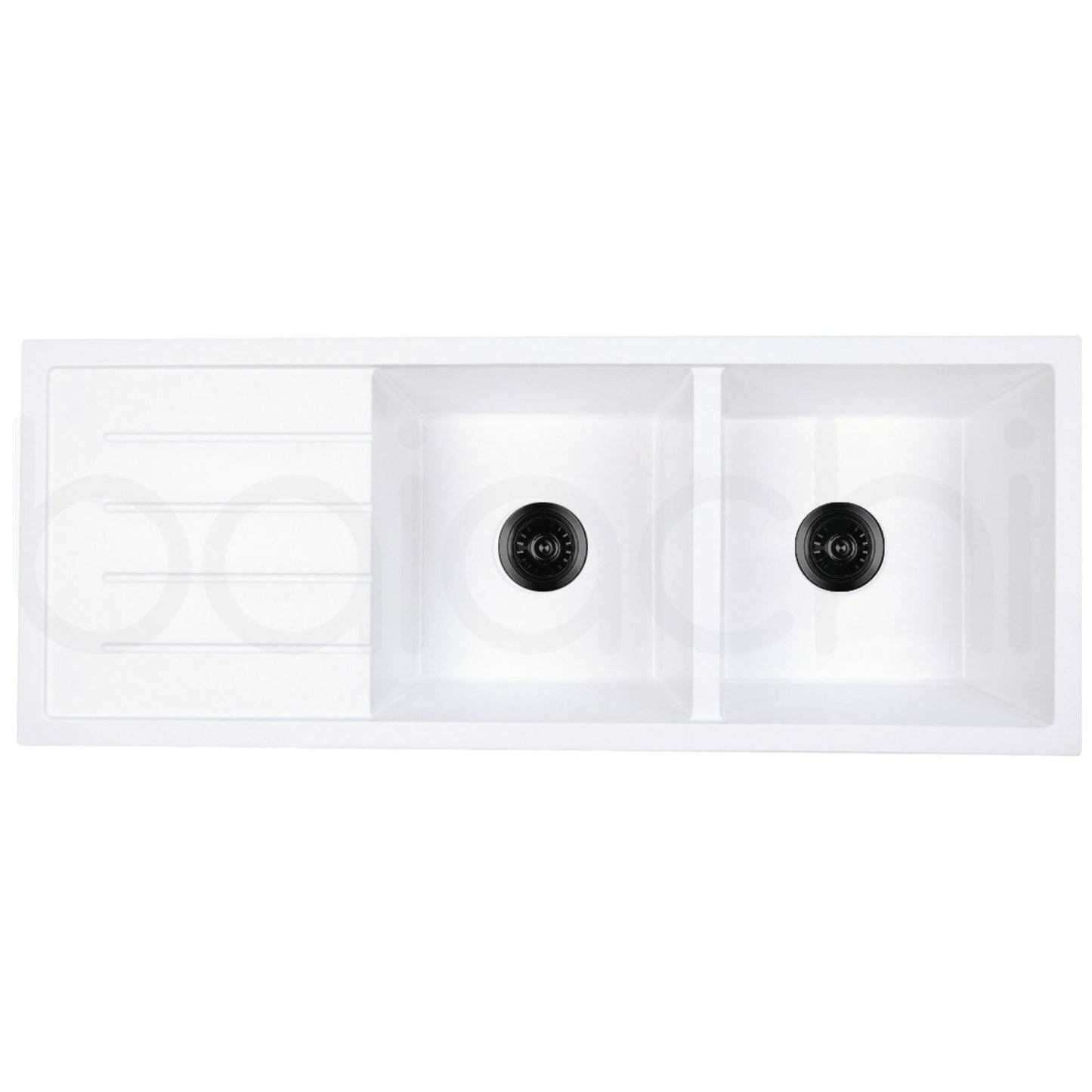 Baiachi 1160 x 450 Double Bowl and Drainer Granite Kitchen Sink White with Black Waste