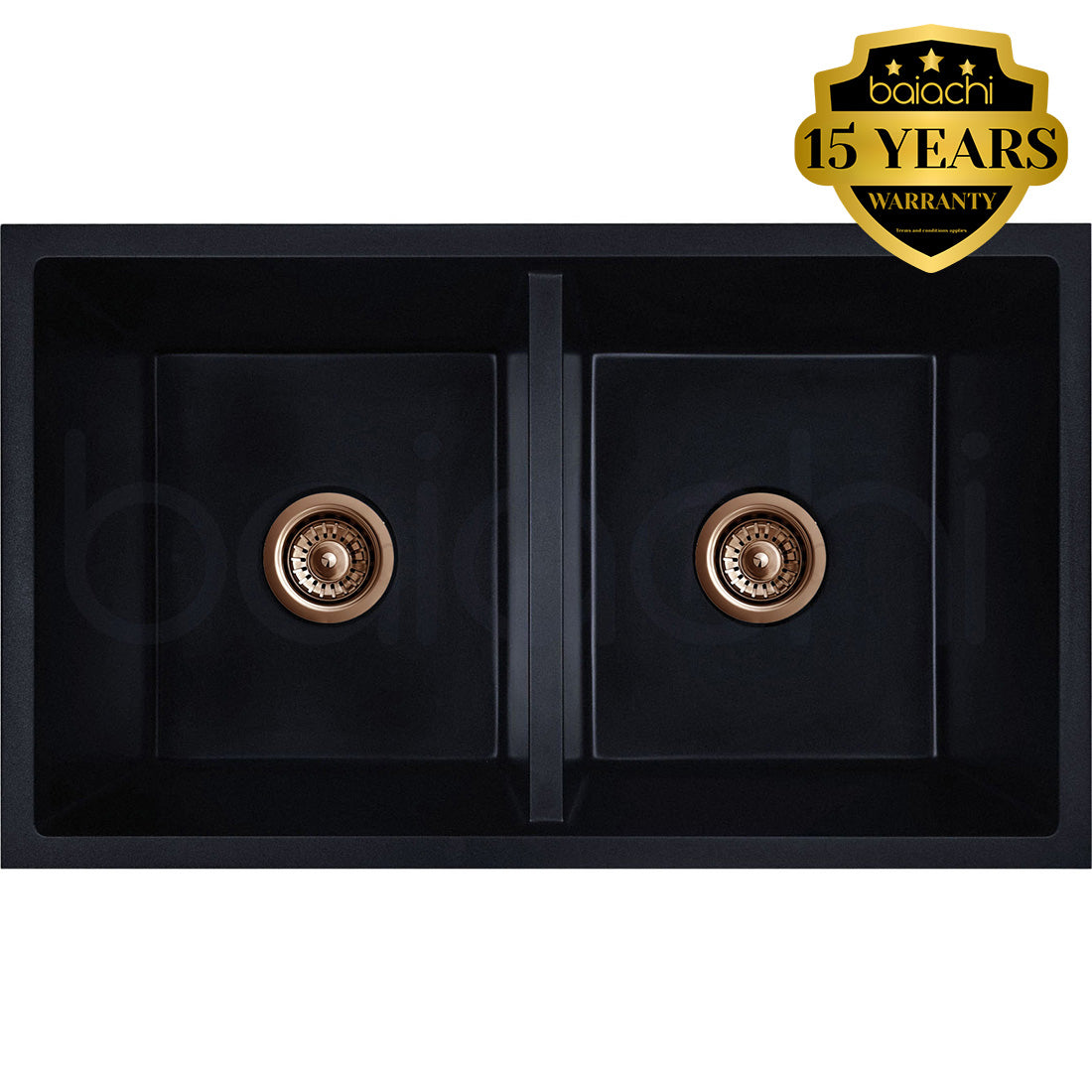 Baiachi 770 x 450 Double Bowl Granite Kitchen Sink Black with Brushed Copper Waste