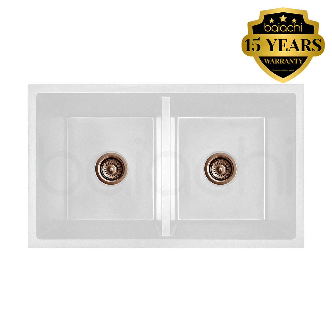 Baiachi 770 x 450 Double Bowl Granite Kitchen Sink White with Brushed Copper Waste