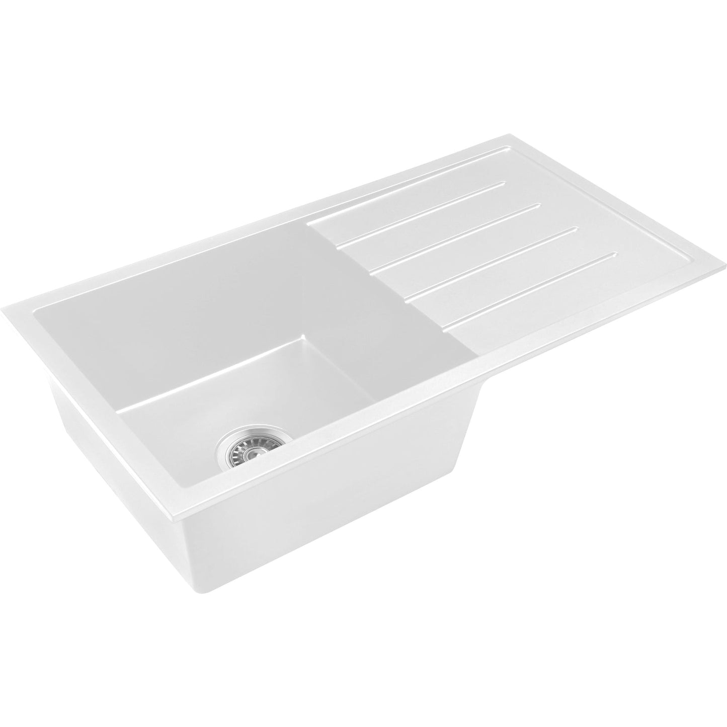 Baiachi 860 x 450 Single Bowl and Drainer Granite Kitchen Sink White with Stainless Steel Waste