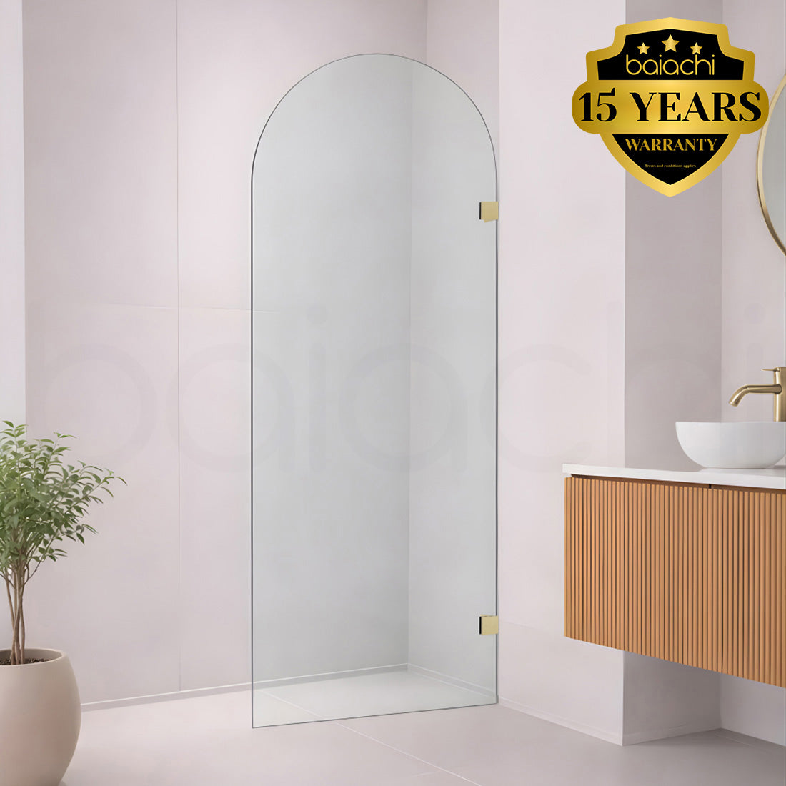 Baiachi 900mm Arched Glass Fixed Panel Shower Screen Brushed Gold