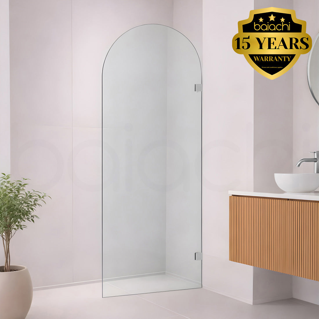 Baiachi 900mm Arched Glass Fixed Panel Shower Screen Brushed Nickel