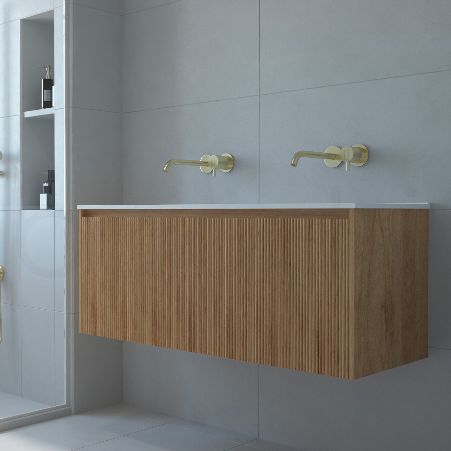 Baiachi Clermont 1200 Fluted Timber Bathroom Vanity Wall Hung Double Ceramic Basin
