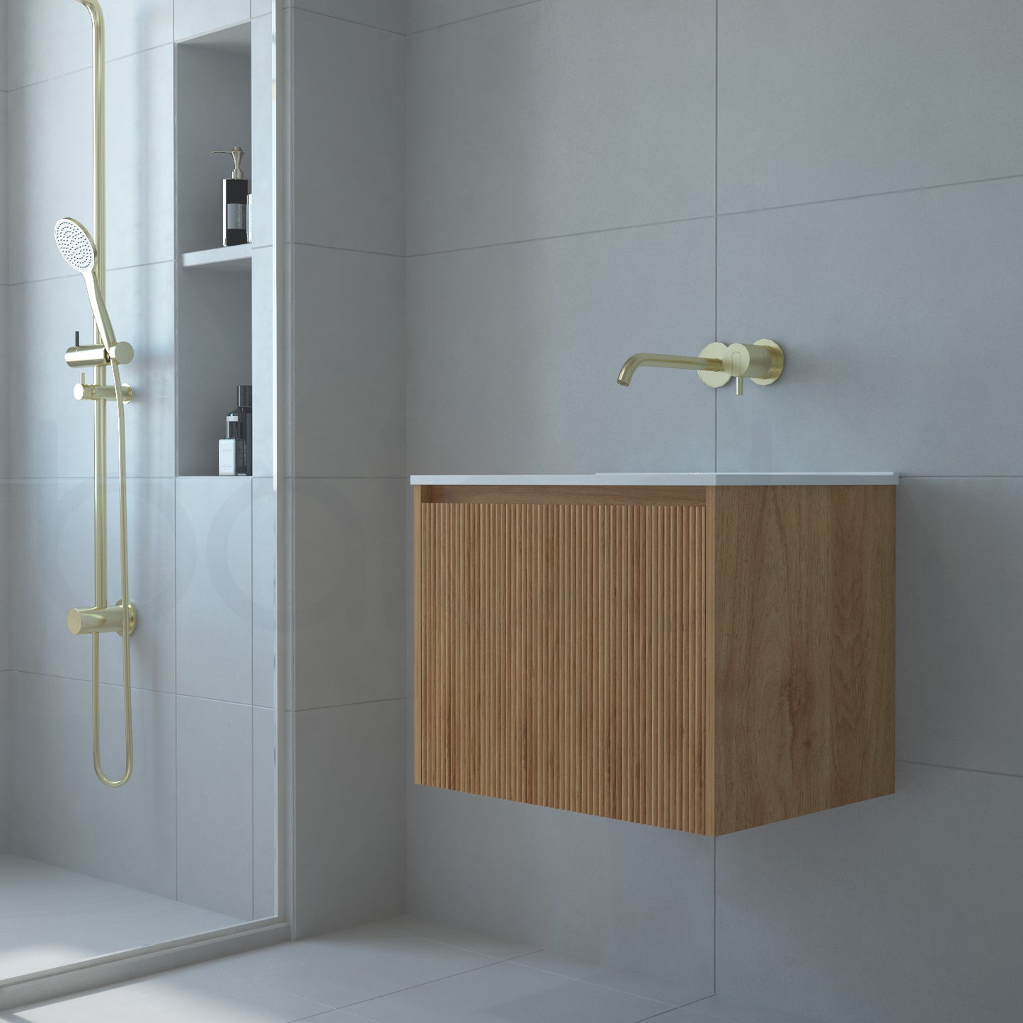 Baiachi Clermont 600 Fluted Timber Bathroom Vanity Wall Hung Calacatta Stone