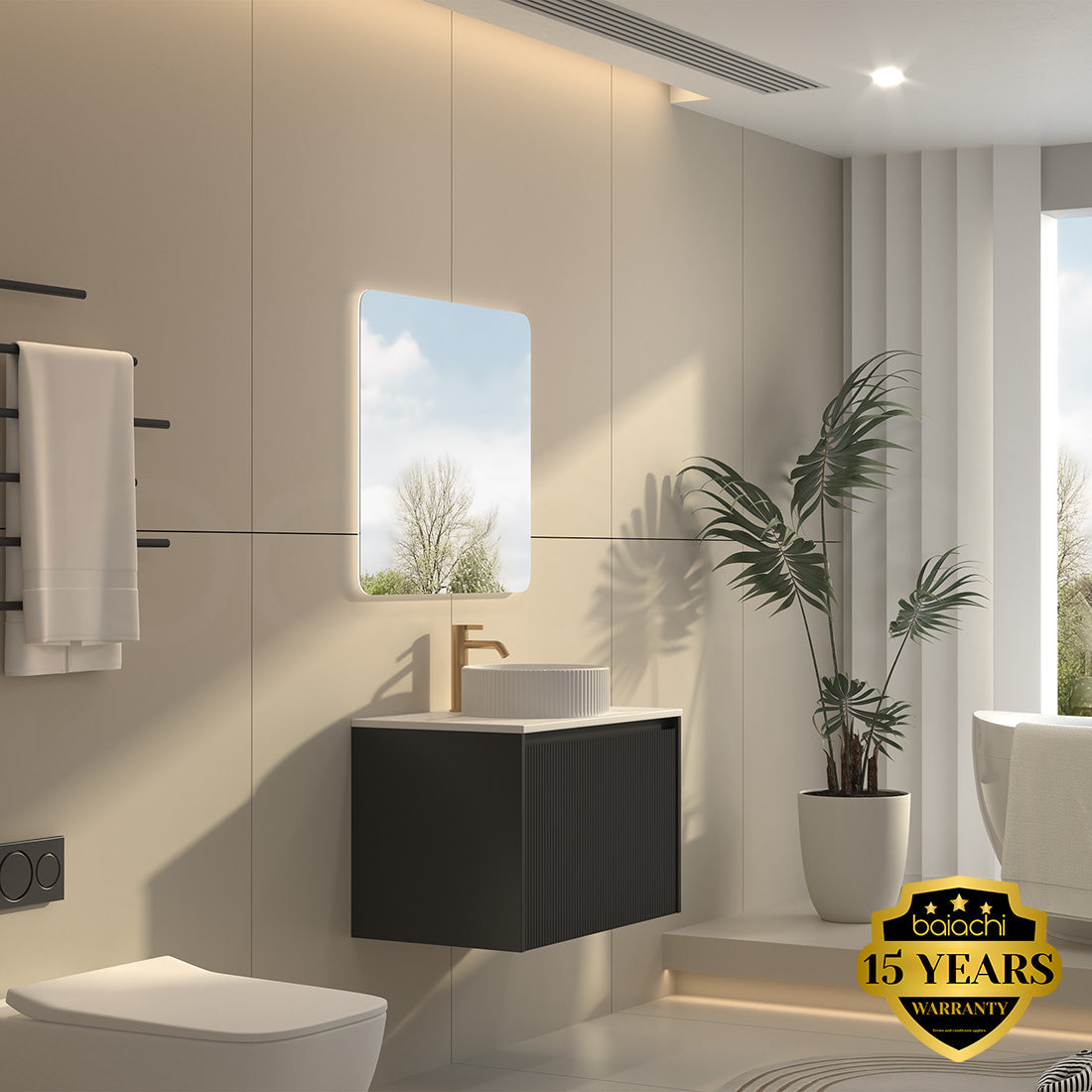 Baiachi Clermont 750 Black Fluted Wall Hung Bathroom Vanity Calacatta Stone Undercounter Basin