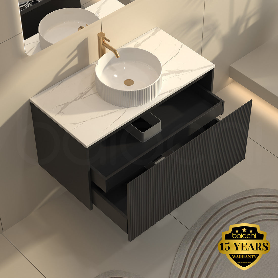 Baiachi Clermont 900 Black Fluted Wall Hung Bathroom Vanity White Stone Undercounter Basin