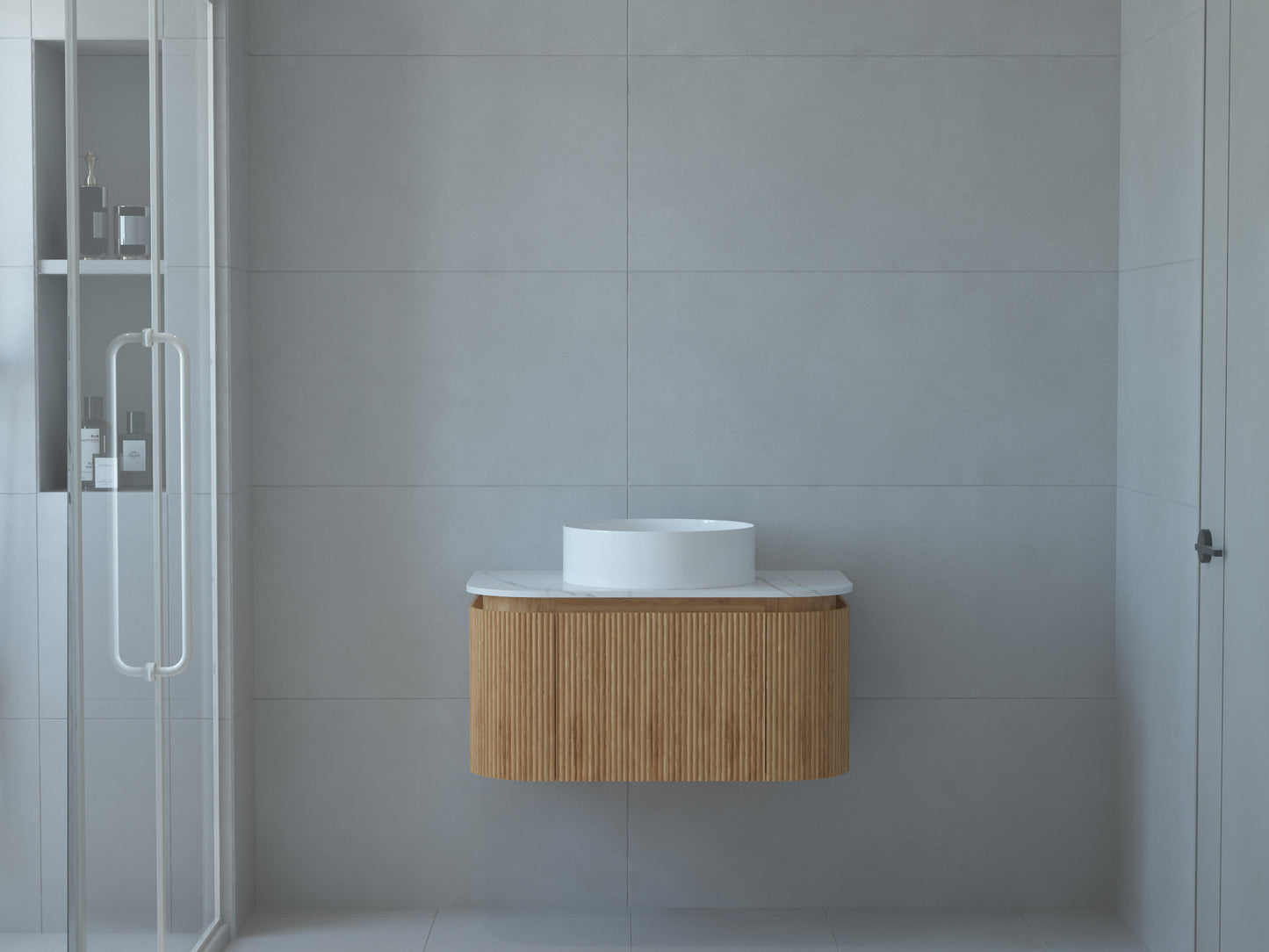 Baiachi Gympie 750 Fluted Timber Bathroom Vanity Wall Hung Calacatta Stone