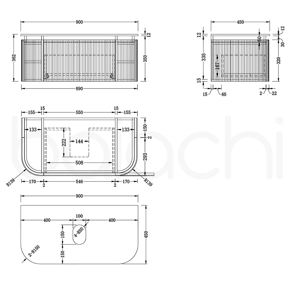 Baiachi Gympie 900 Fluted Timber Bathroom Vanity Wall Hung Calacatta Stone