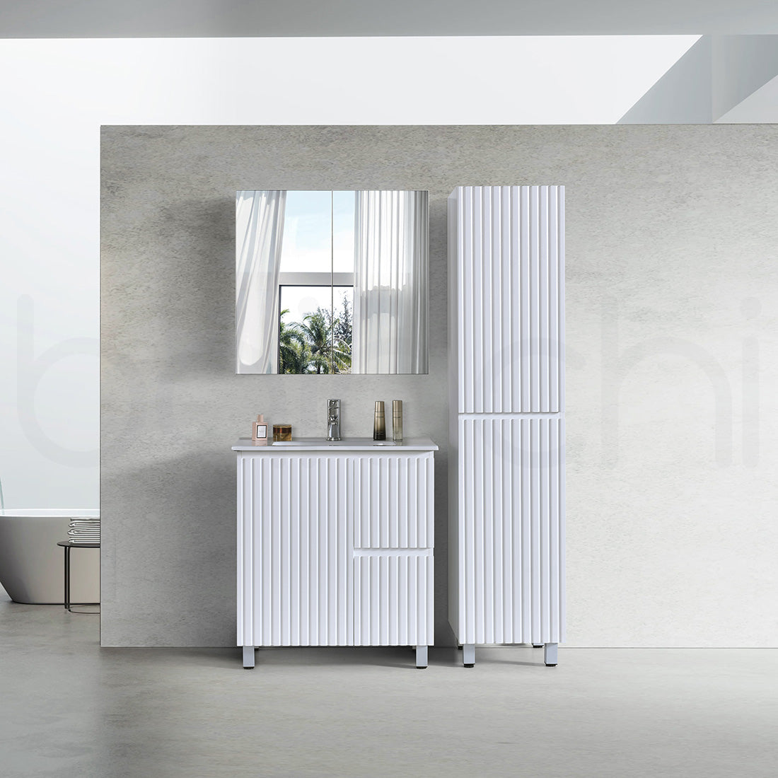 Baiachi Ivana Fluted 750mm PVC Water Proof Bathroom Vanity Right Drawers White Quartz Stone