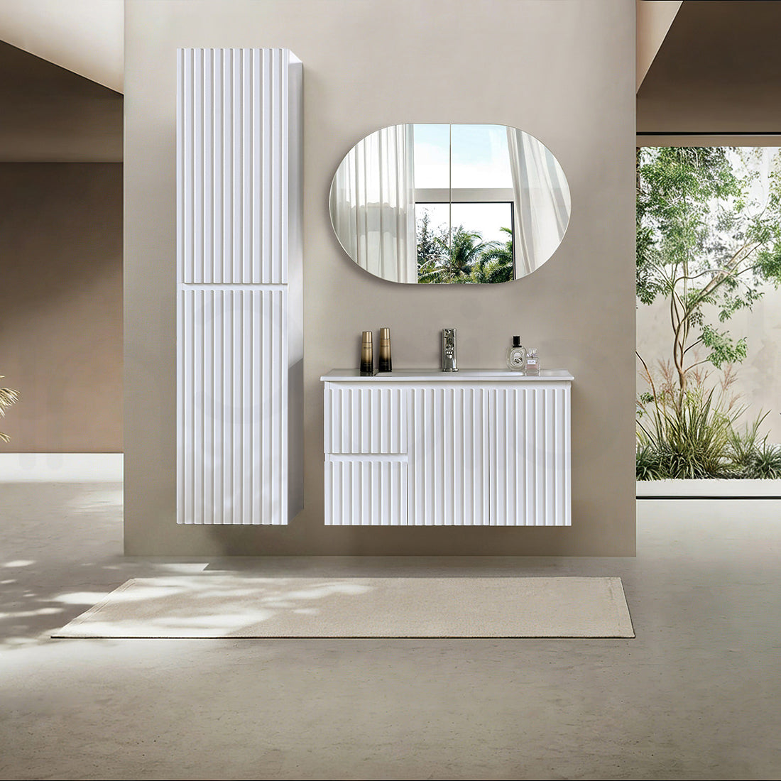 Baiachi Ivana Fluted 900mm PVC Water Proof Wall Hung Bathroom Vanity Left Drawers Ceramic Basin