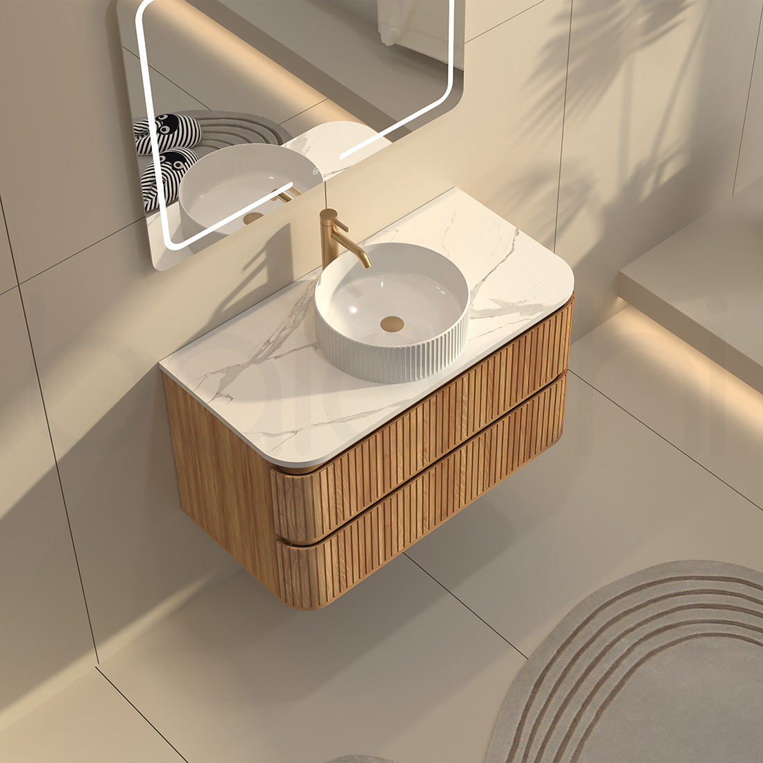 Baiachi Mareeba 900 Timber Fluted Wall Hung Bathroom Vanity Calacatta Stone