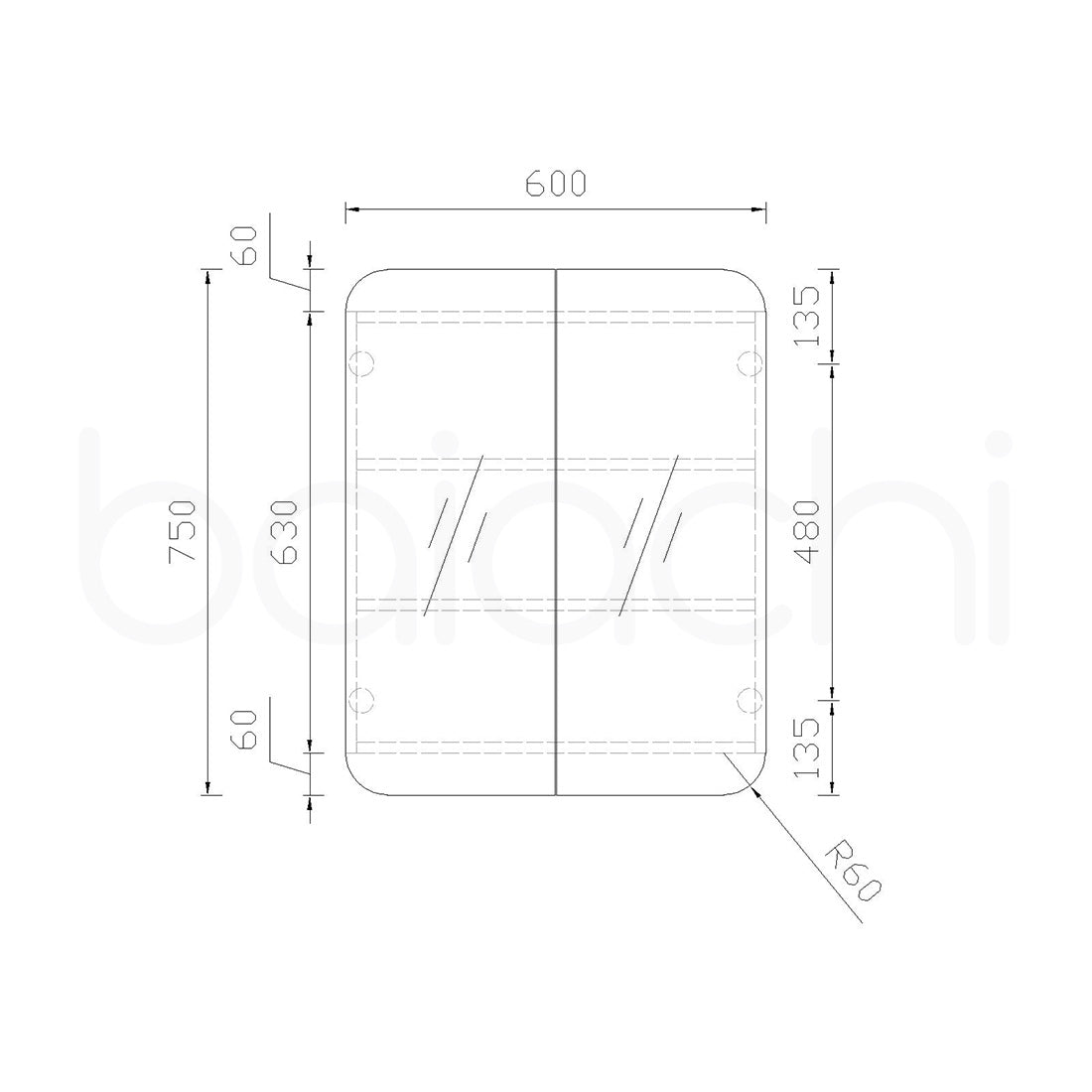 Baiachi 600x750 Round Edge Mirror Cabinet