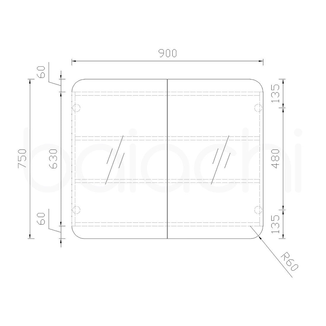 Baiachi 900x750 Round Edge Mirror Cabinet