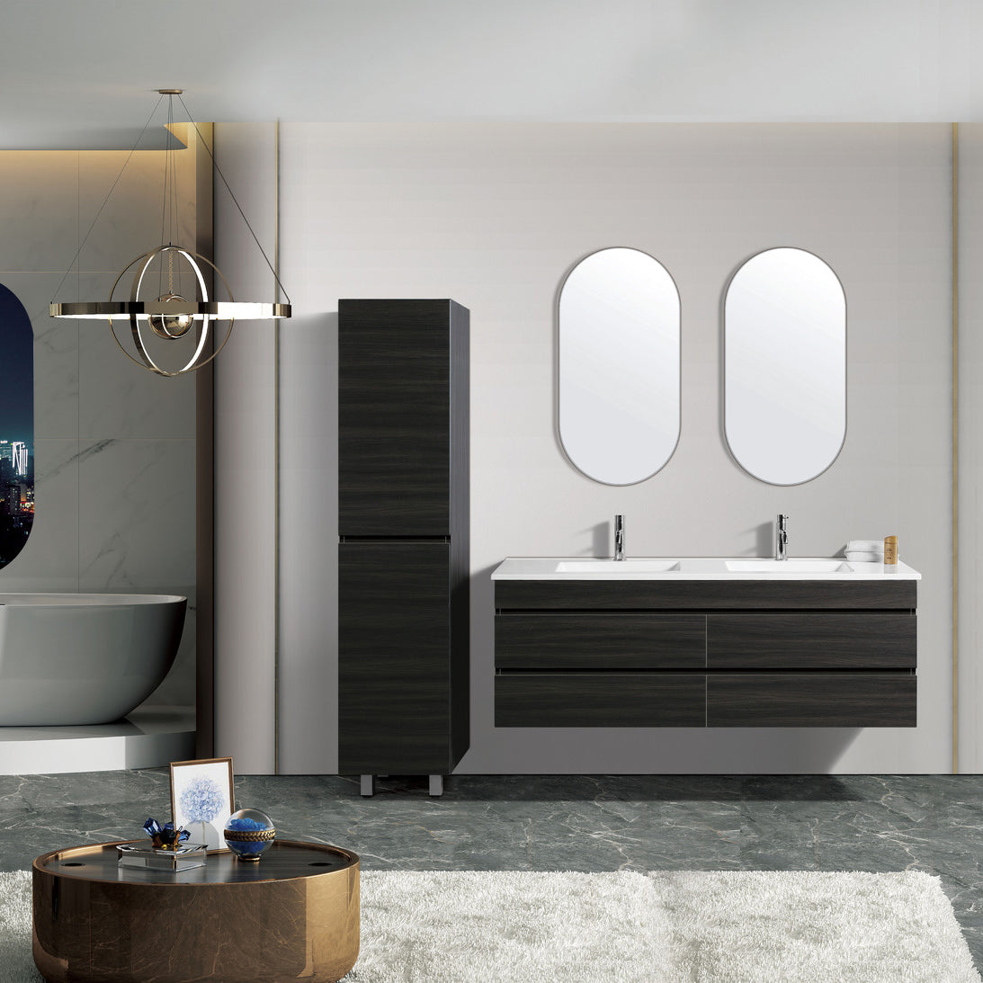 Vellena 1500mm PVC Water Proof Empire Oak Wall Hung Bathroom Vanity Double Poly Marble Basin