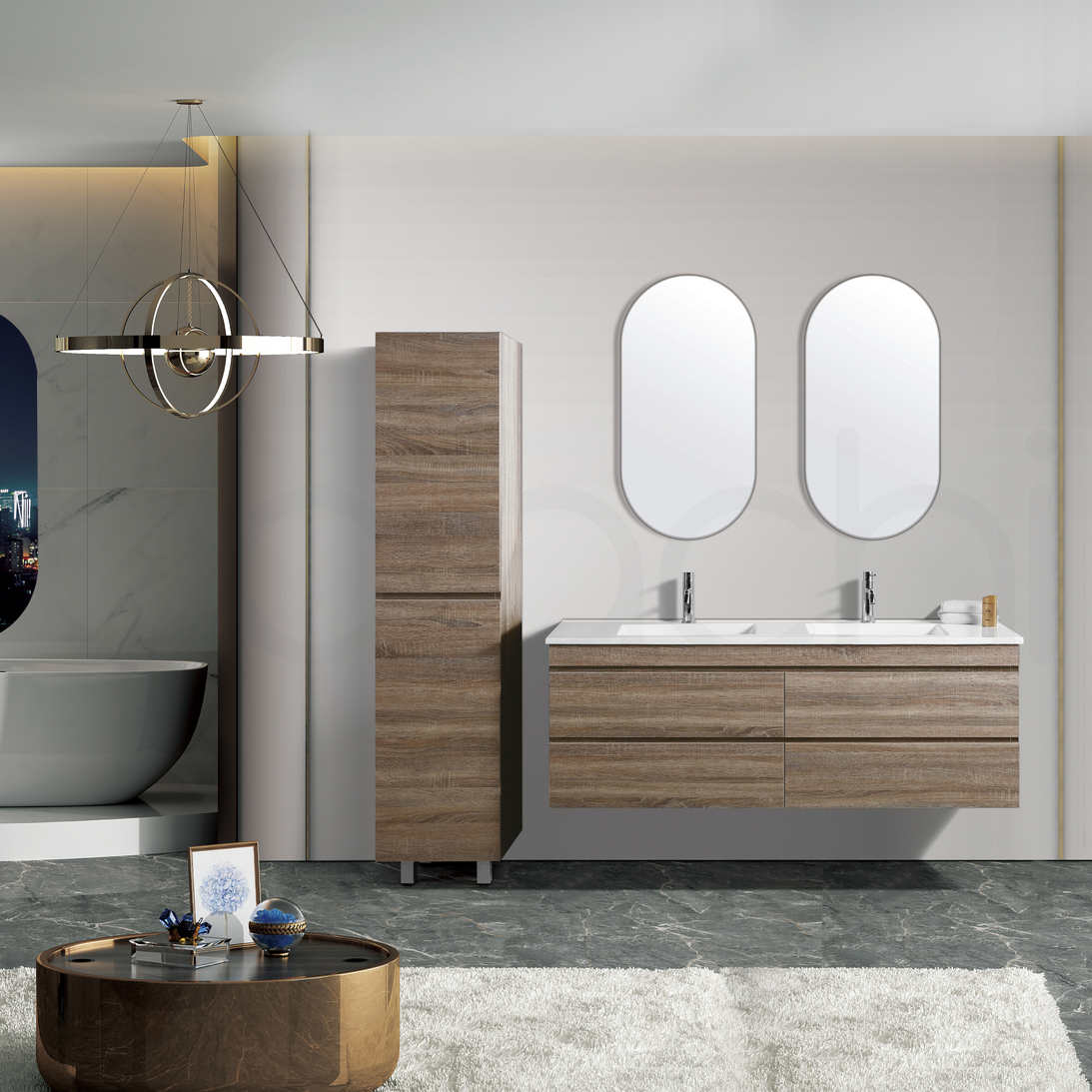 Vellena 1500mm Plywood Prime Oak Wall Hung Bathroom Vanity White Stone