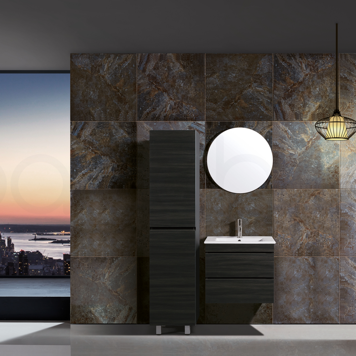 Vellena 600mm PVC Water Proof Empire Oak Wall Hung Bathroom Vanity Ceramic Basin