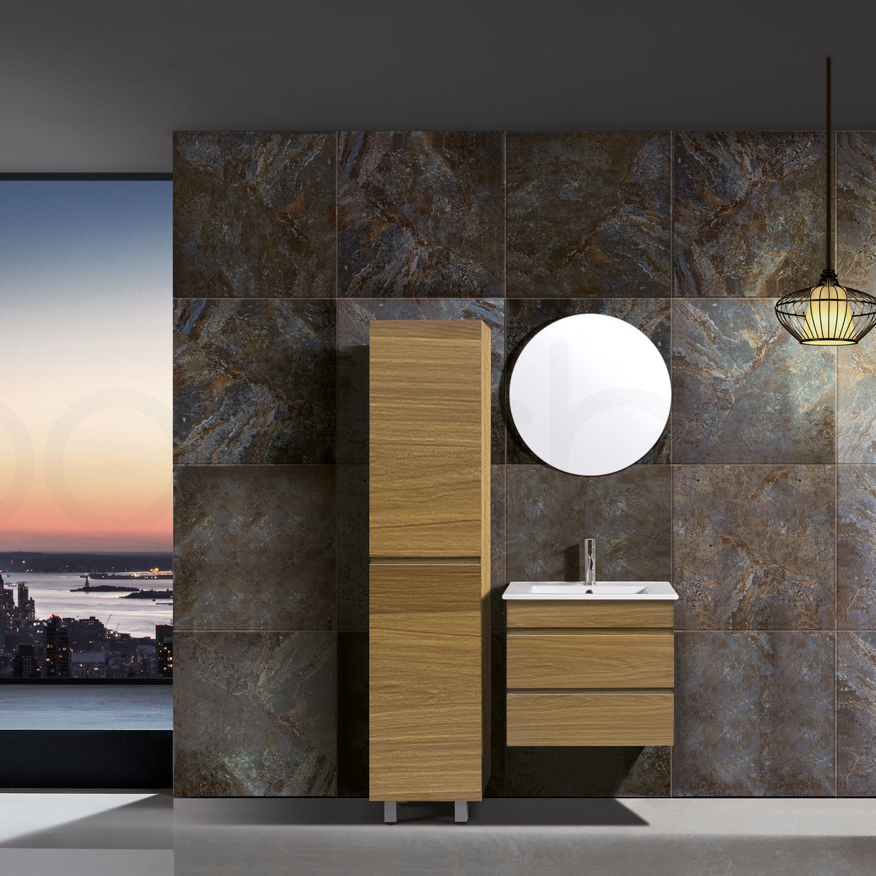 Vellena 600mm Plywood Prime Oak Wall Hung Bathroom Vanity White Stone