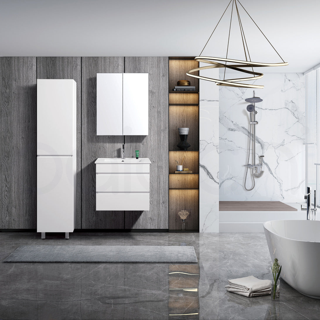 Vellena 600mm PVC Water Proof Wall Hung Bathroom Vanity Calacatta Quartz Stone