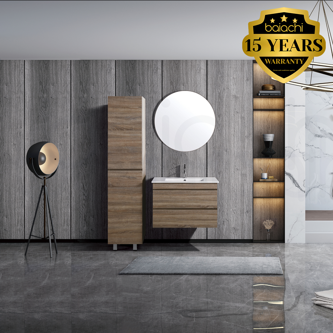 Vellena Plywood 750mm Wall Hung Prime Oak Bathroom Vanity Ceramic Basin
