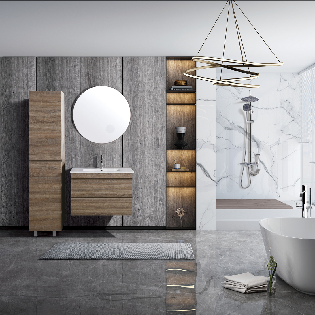 Vellena 900mm PVC Water Proof Prime Oak Wall Hung Bathroom Vanity Calacatta Quartz Stone