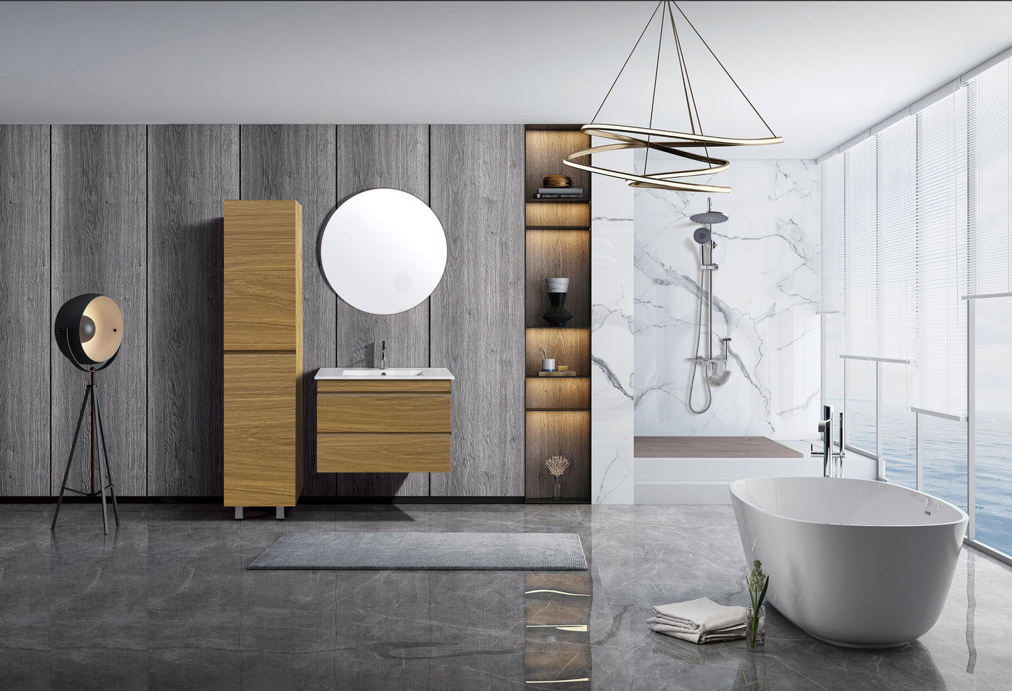 Vellena 900mm Plywood Prime Oak Wall Hung Bathroom Vanity White Stone