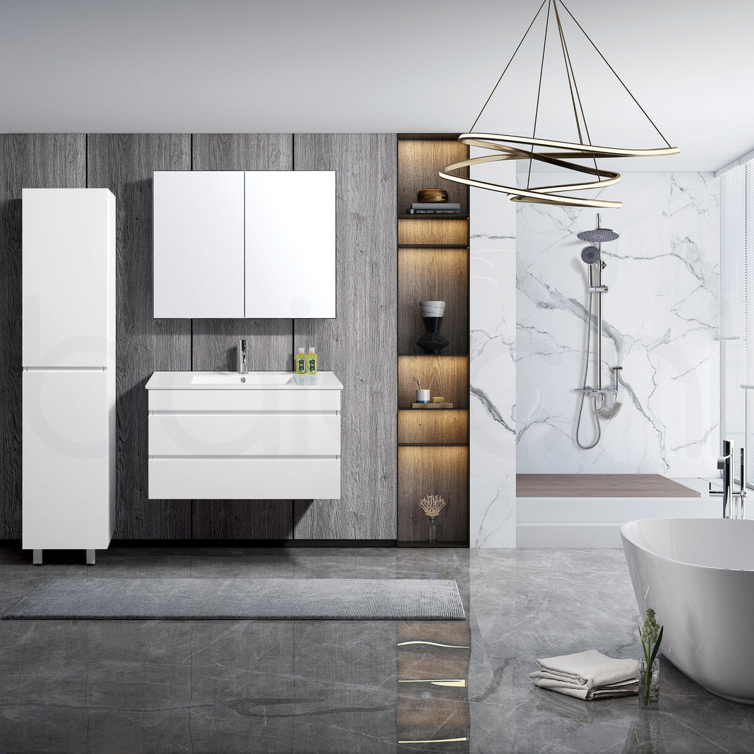 Vellena Plywood 900mm Wall Hung Bathroom Vanity White Stone