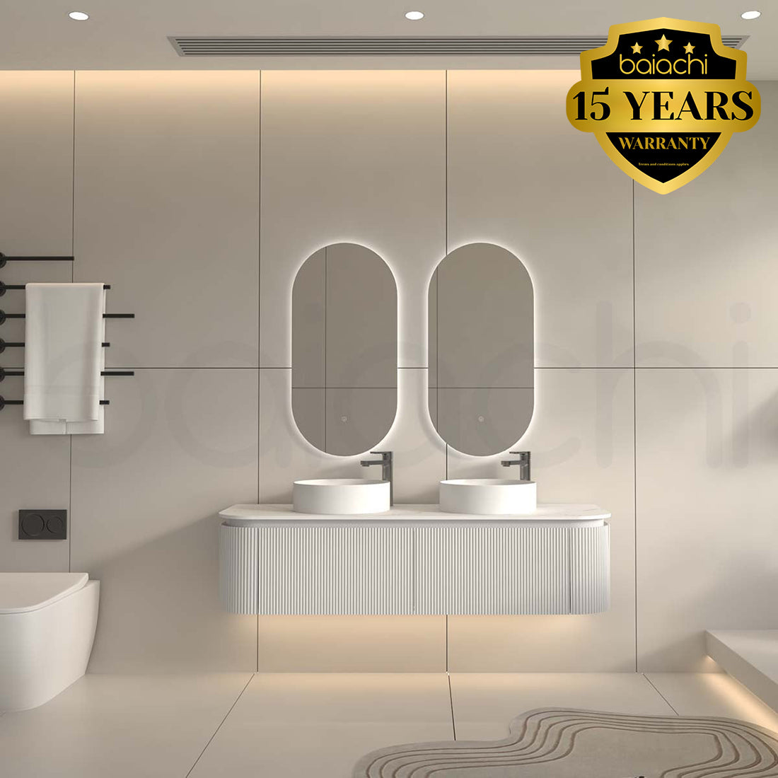 Baiachi Gympie 1500 White Fluted Timber Bathroom Vanity Wall Hung Calacatta Stone