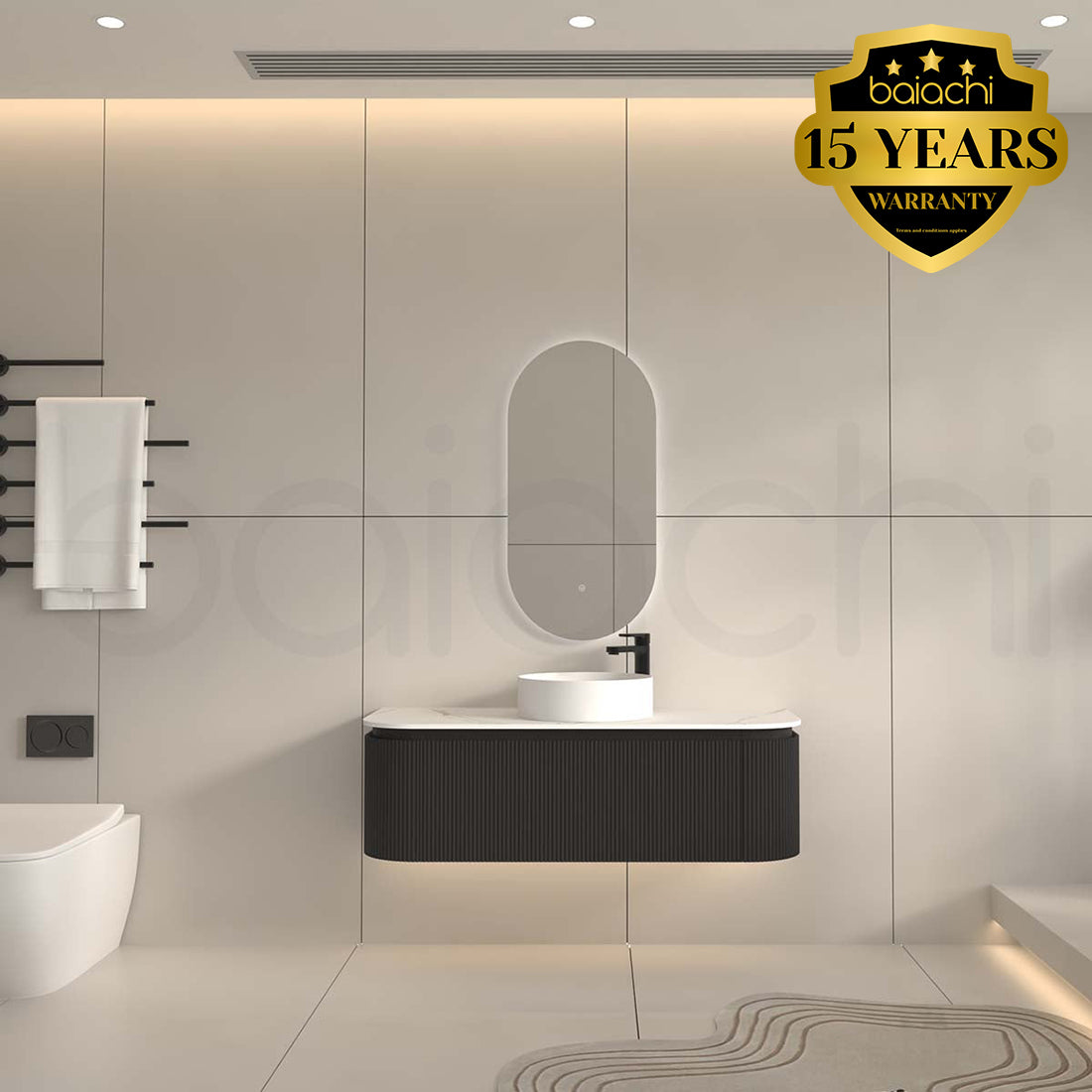 Baiachi Gympie 1200 Black Fluted Timber Bathroom Vanity Wall Hung Calacatta Stone