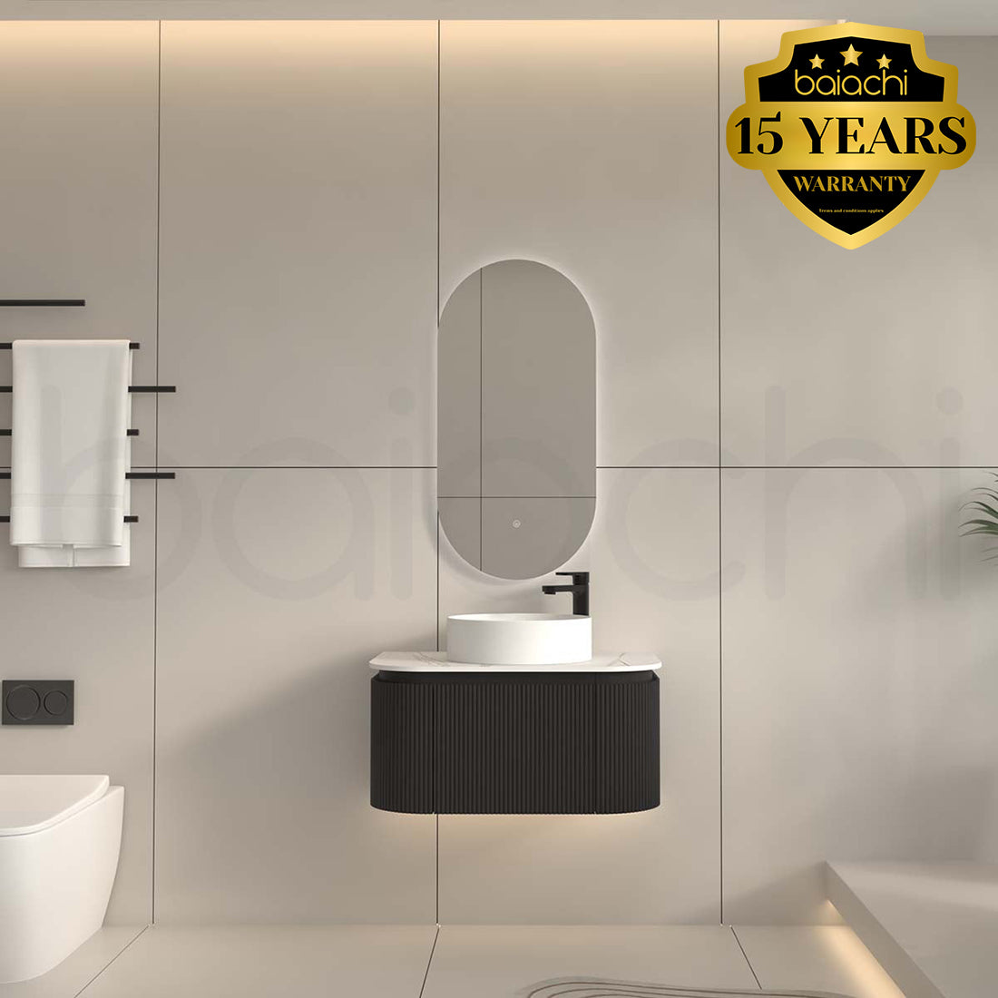 Baiachi Gympie 750 Black Fluted Timber Bathroom Vanity Wall Hung Calacatta Stone