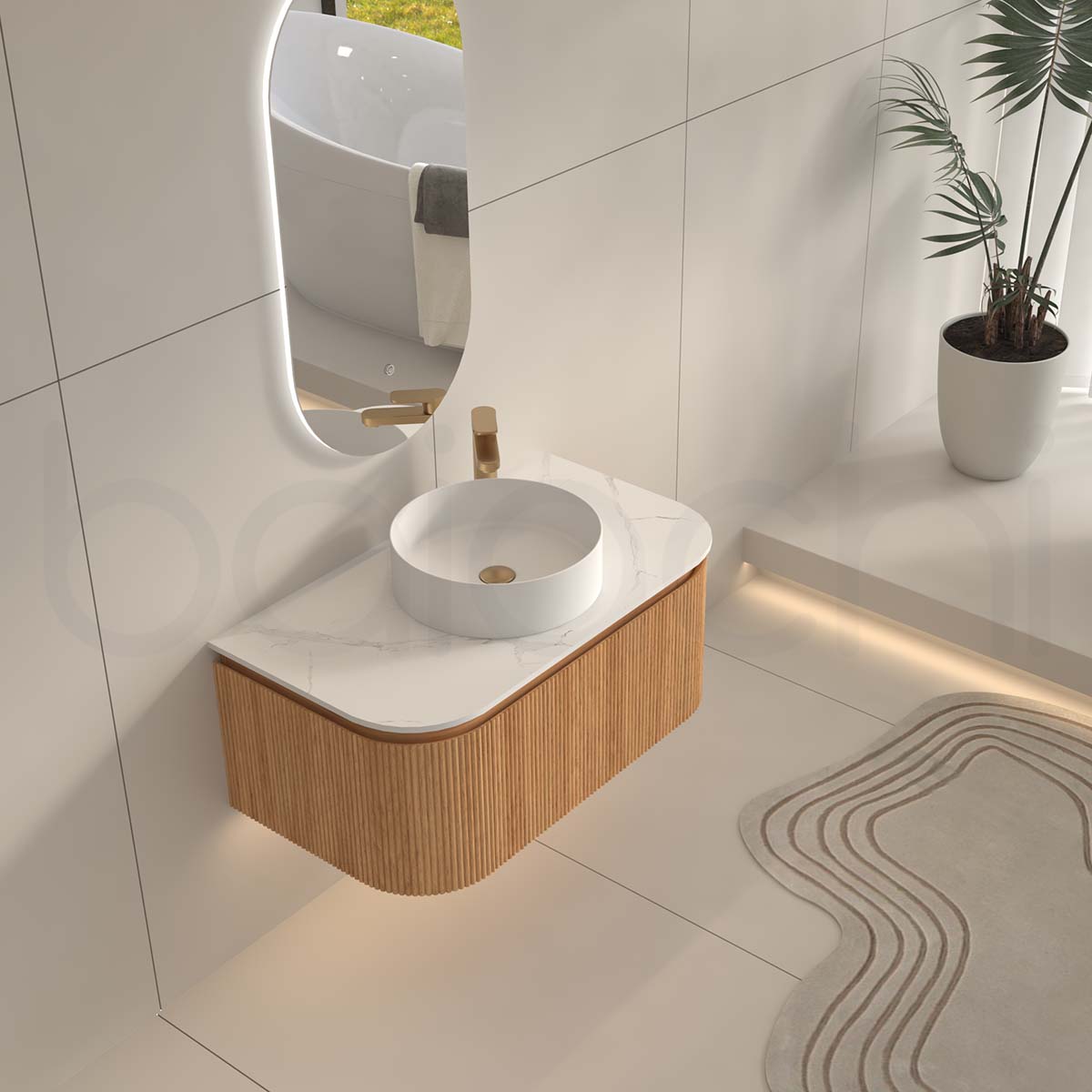 Baiachi Gympie 900 Fluted Timber Bathroom Vanity Wall Hung Calacatta Stone