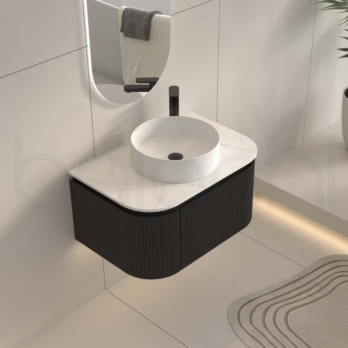 Baiachi Gympie 750 Black Fluted Timber Bathroom Vanity Wall Hung Calacatta Stone