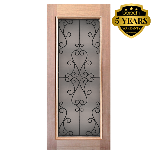 Baiachi 820X2040X40mm Timber Veneer External Door Raised Mould Wrought Iron Double Glazed