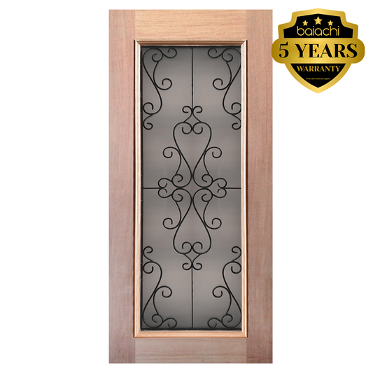 Baiachi 920X2040X40mm Timber Veneer External Door Raised Mould Wrought Iron Double Glazed