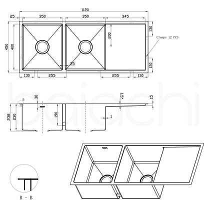Baiachi 1120x450 Handmade Kitchen Stainless Steel Sink Double Bowl Drainer Top Undermount Brushed Gold
