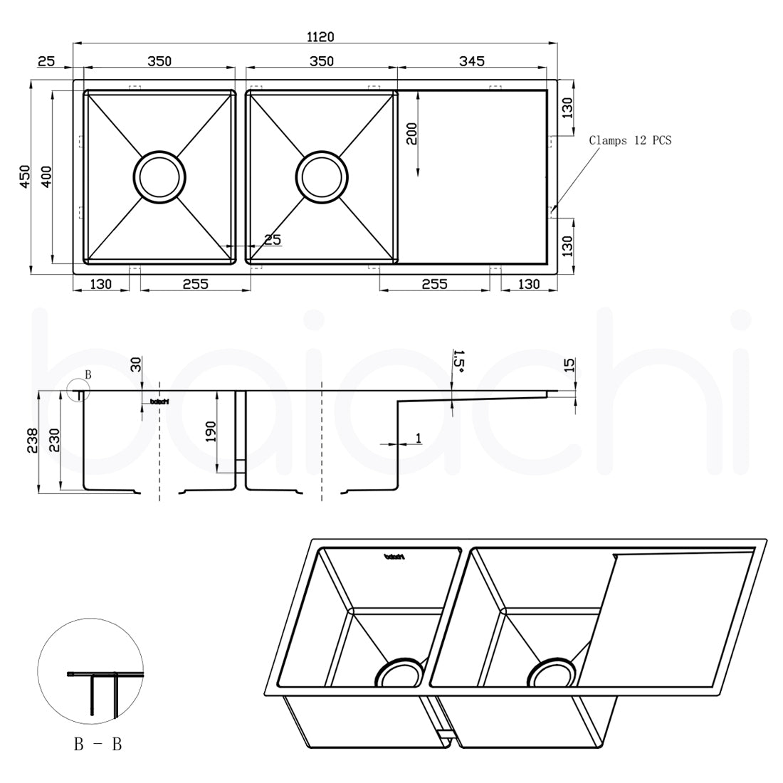 Baiachi 1120x450 Handmade Kitchen Stainless Steel Sink Double Bowl Drainer Top Undermount