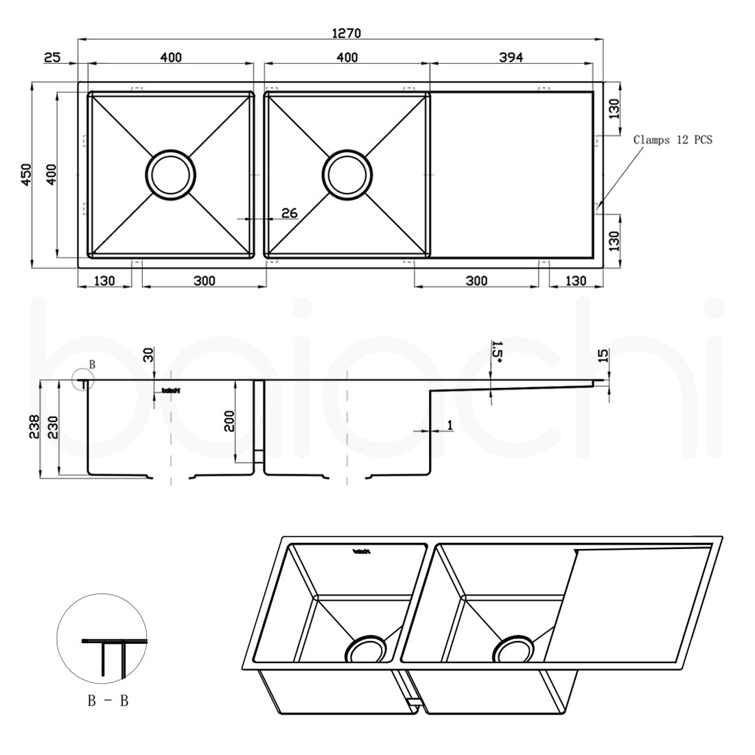 Baiachi 1270x450 Handmade Kitchen Stainless Steel Sink Double Bowl Drainer Top Undermount