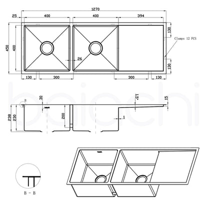 Baiachi 1270x450 Handmade Kitchen Stainless Steel Sink Double Bowl Drainer Top Undermount Gun Metal