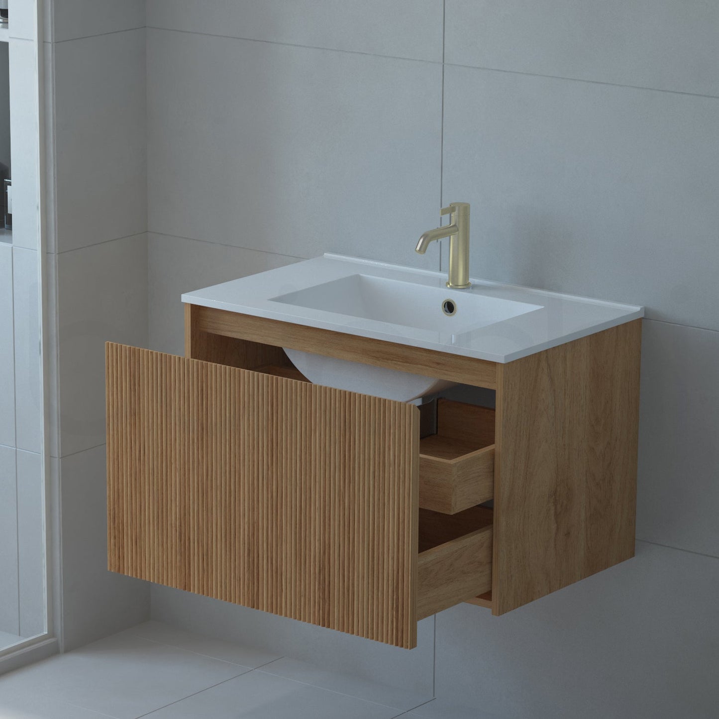 Baiachi Clermont 750 Fluted Timber Bathroom Vanity Wall Hung White Stone Undercounter Basin