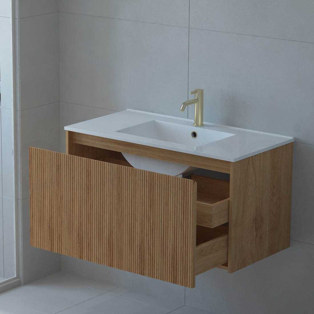 Baiachi Clermont 900 Fluted Timber Bathroom Vanity Wall Hung Calacatta Stone Undercounter Basin