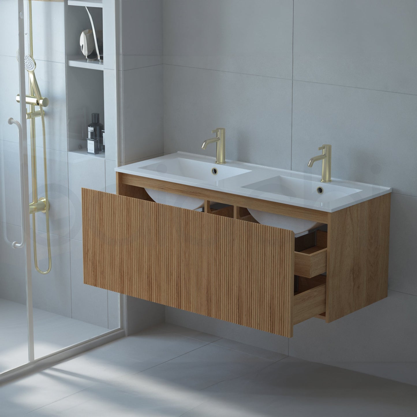 Baiachi Clermont 1200 Fluted Timber Bathroom Vanity Wall Hung Calacatta Stone Undercounter Basin